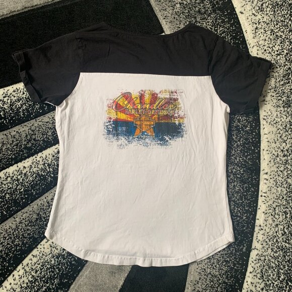 Women's Harley Davidson Bedazzled Orange and Black Letters V-neck White Shirt - Picture 2 of 7